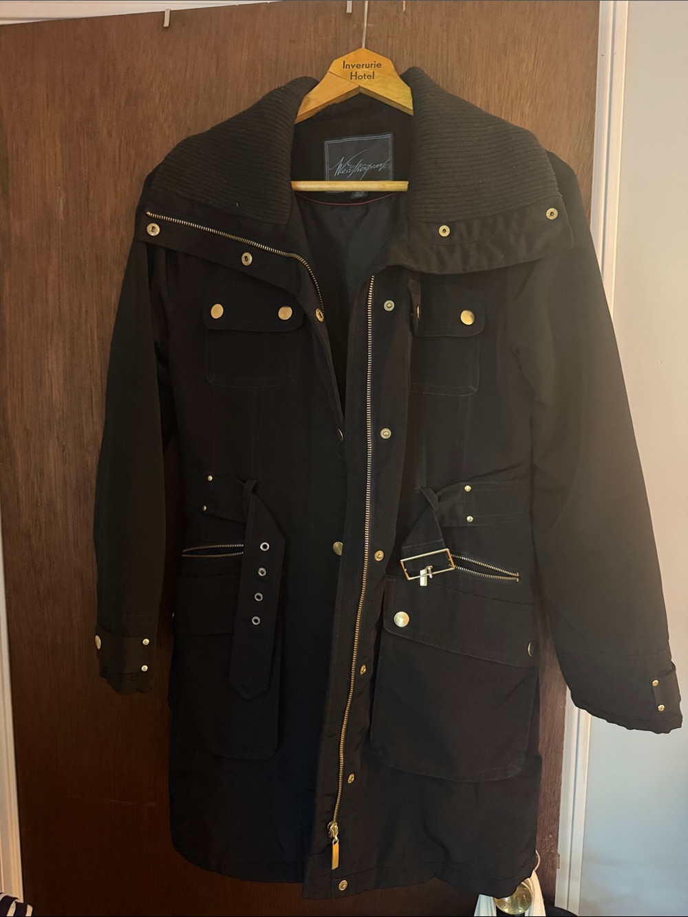 Weatherproof Black Military-Style Coat with Gold-Tone Hardware